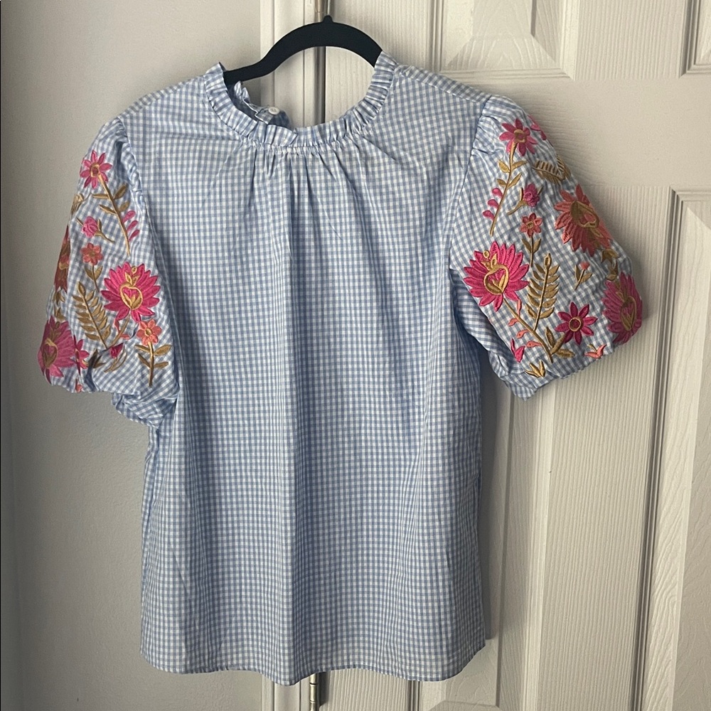 Embroidered Blue Gingham Top